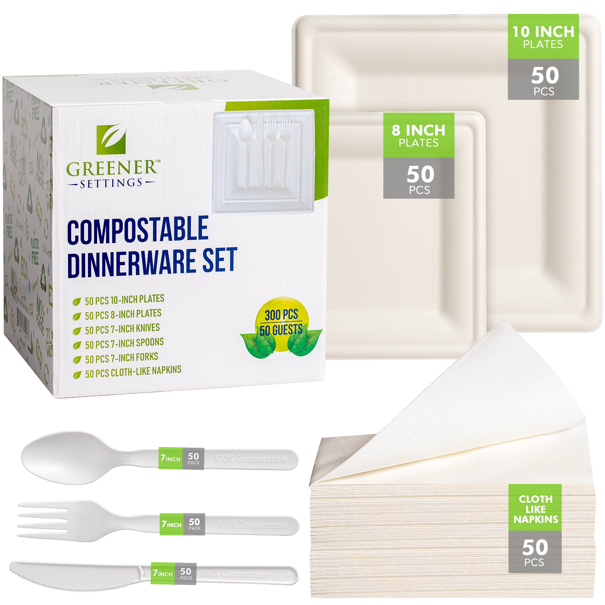 Greener Settings 10/7 in. White Compostable Disposable Paper Plate Set Plus Cutlery [25 Guest Service]