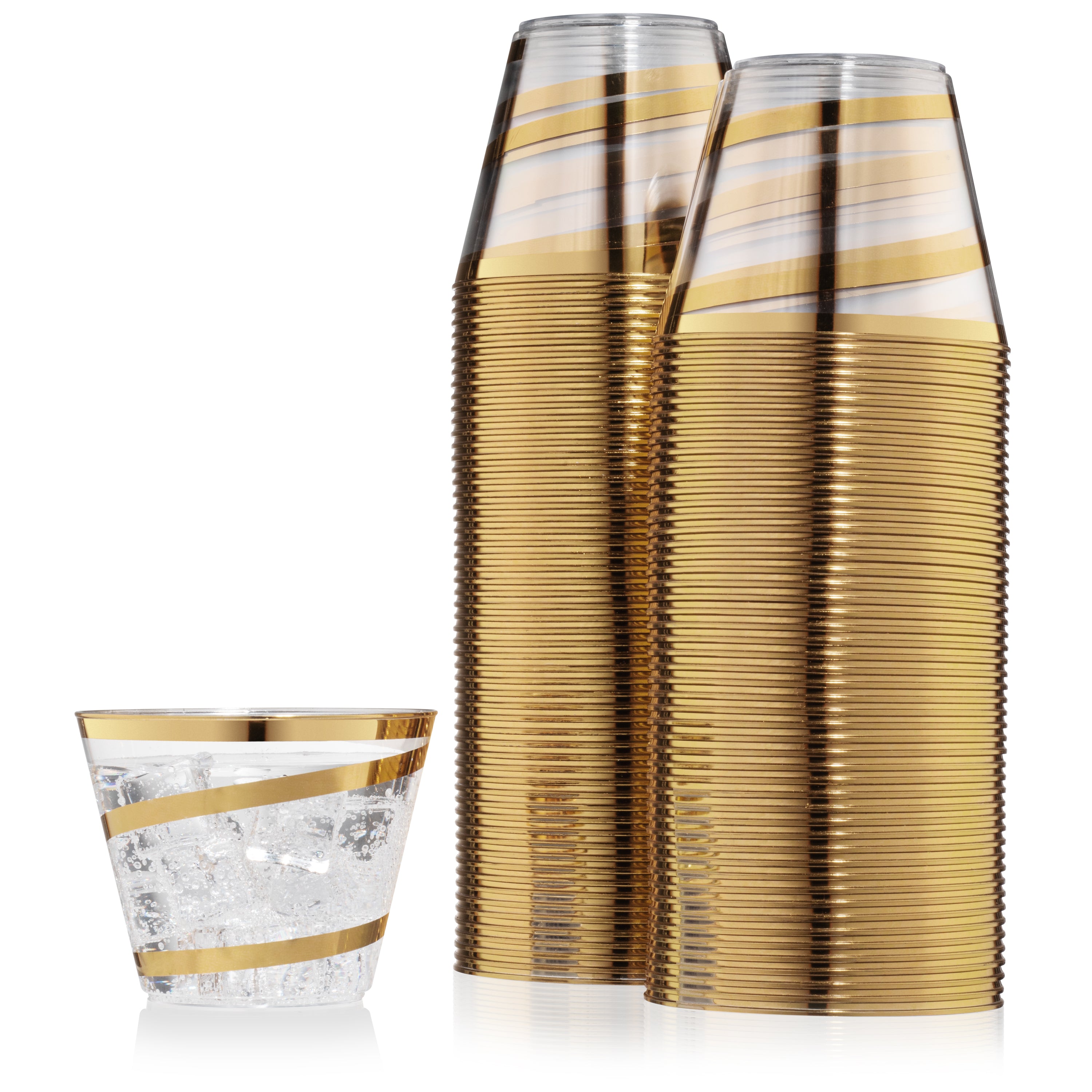 Perfect Settings 110 Premium Gold Rimmed (4 Ring) Clear Plastic Disposable Party Cups 9 Ounce Holiday Gathering or Wedding Party Elegant Disposable