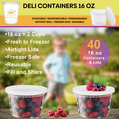 Perfect Settings 16 oz Deli Containers with Lids [40 Sets] Leakproof, Microwavable, Freezer, Dishwasher Safe, Pint Size Plastic Food Storage Container