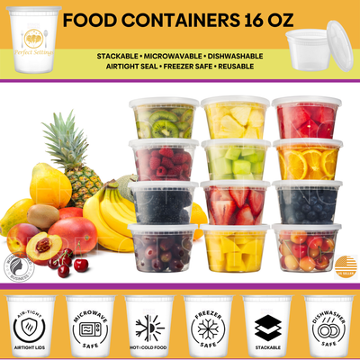 Perfect Settings 16 oz Deli Containers with Lids [40 Sets] Leakproof, Microwavable, Freezer, Dishwasher Safe, Pint Size Plastic Food Storage Container