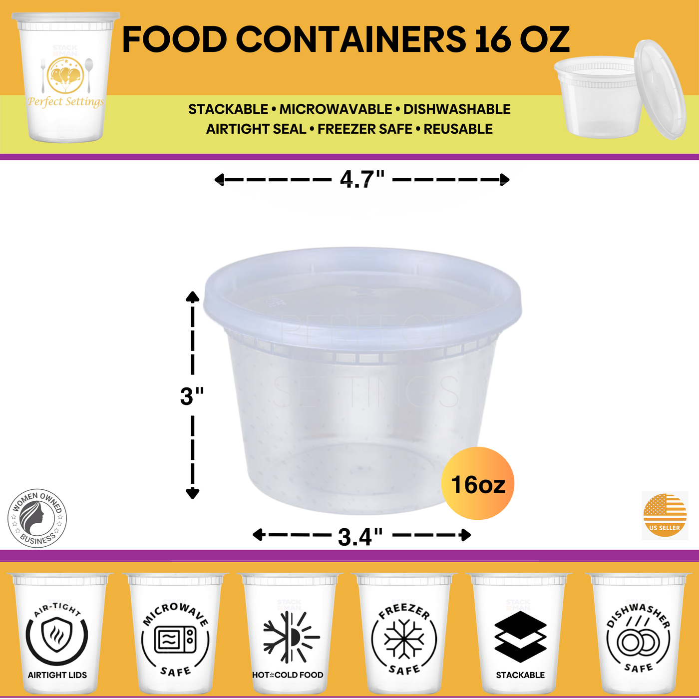 Perfect Settings 16 oz Deli Containers with Lids [40 Sets] Leakproof, Microwavable, Freezer, Dishwasher Safe, Pint Size Plastic Food Storage Container