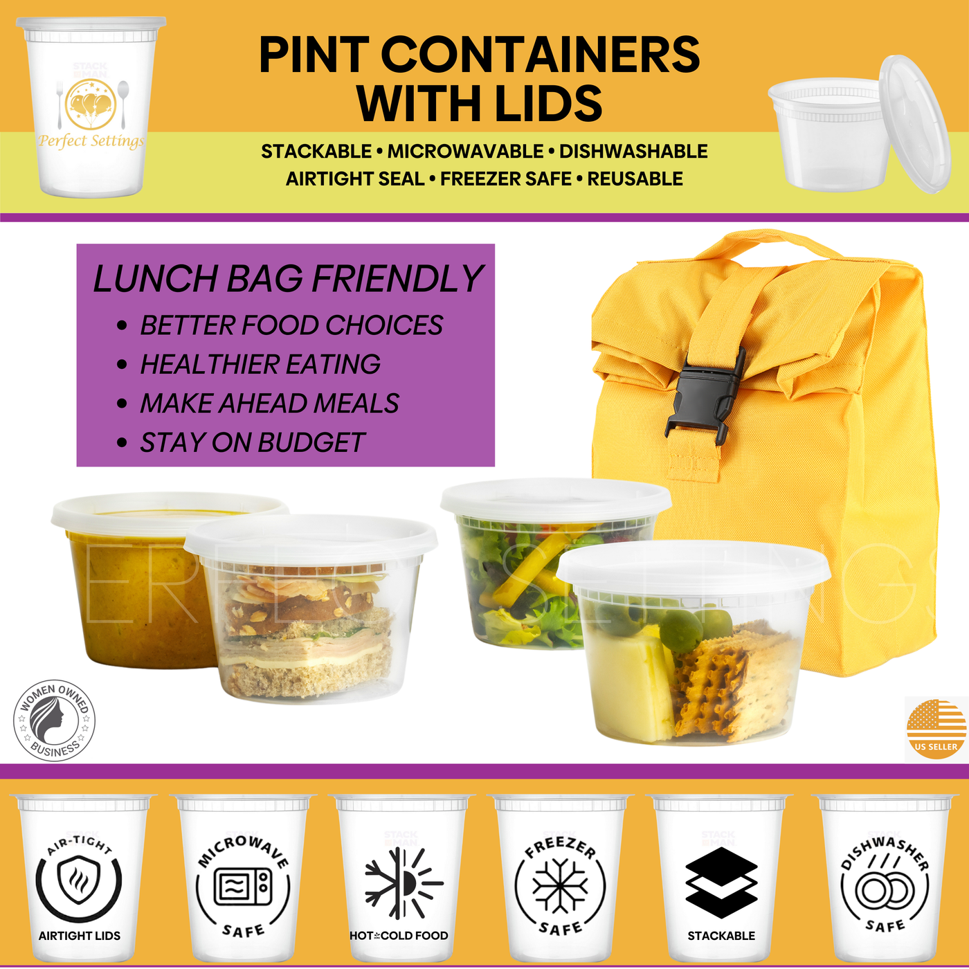 Perfect Settings 16 oz Deli Containers with Lids [40 Sets] Leakproof, Microwavable, Freezer, Dishwasher Safe, Pint Size Plastic Food Storage Container