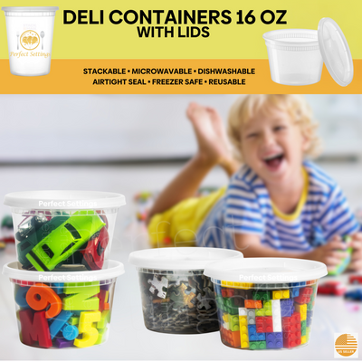 Perfect Settings 16 oz Deli Containers with Lids [40 Sets] Leakproof, Microwavable, Freezer, Dishwasher Safe, Pint Size Plastic Food Storage Container