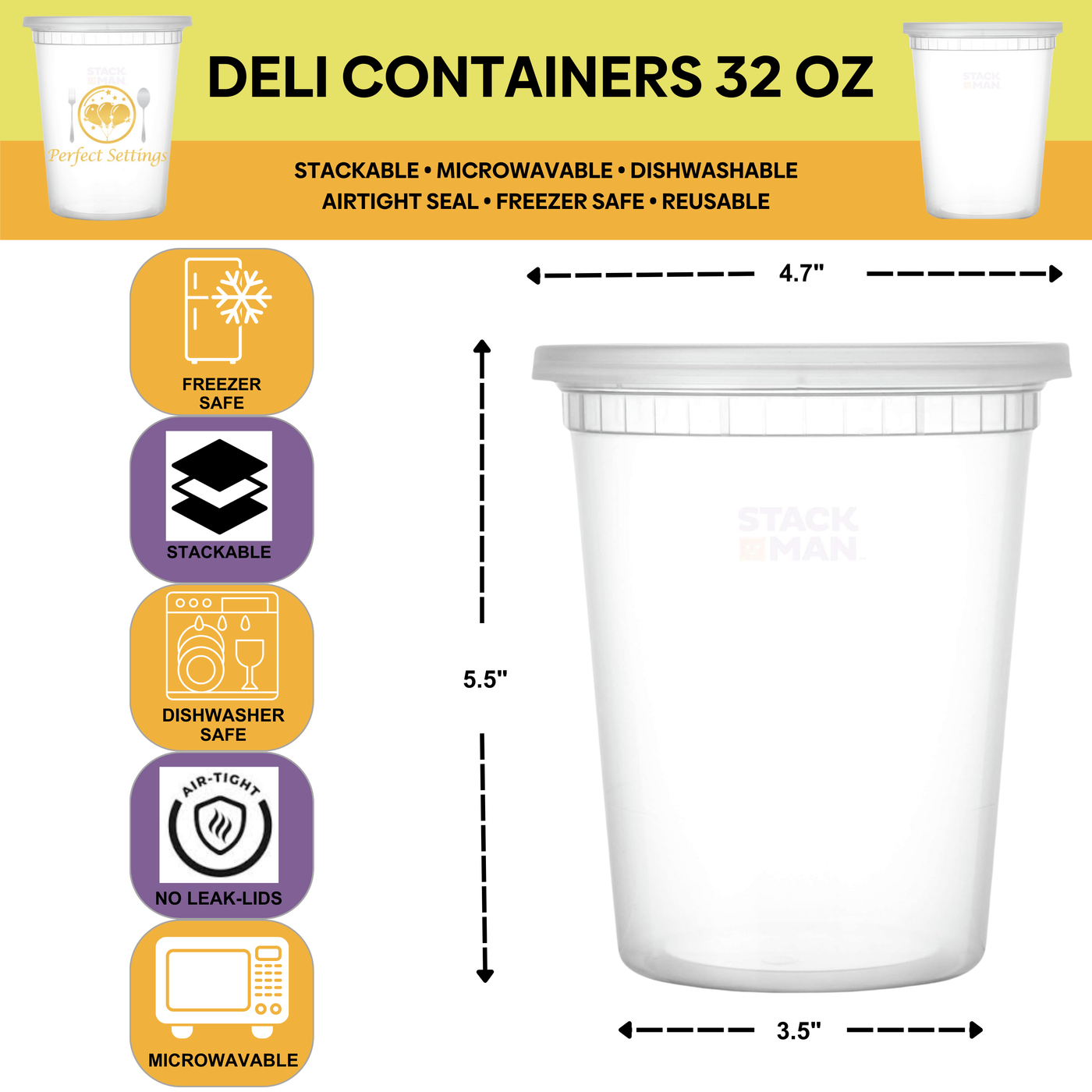 Perfect Settings Deli Containers with Lids 32 oz | Quart Containers [Set of 24] Freezer Safe Microwave Safe Food Storage, Plastic Soup Containers