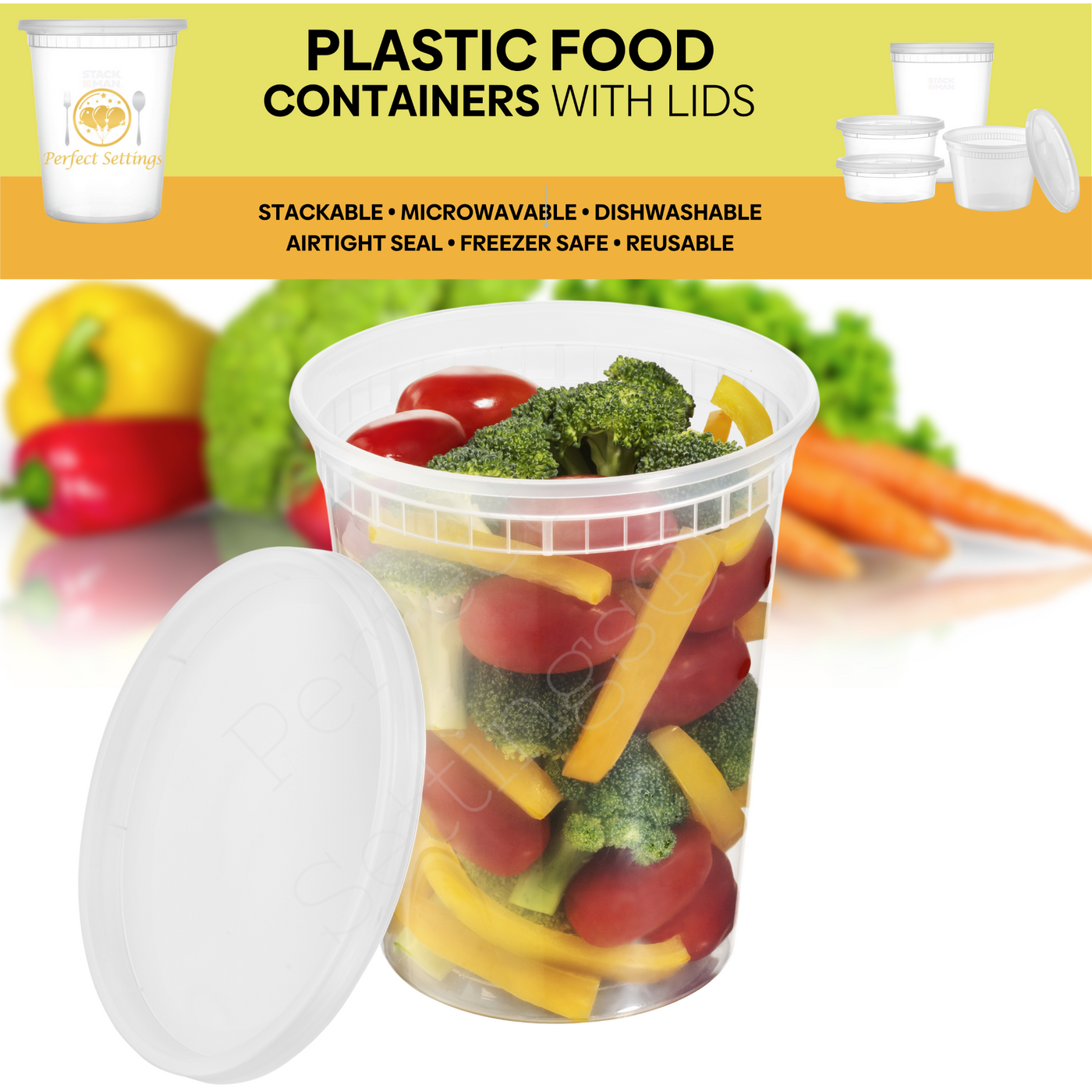 Perfect Settings Deli Containers with Lids 32 oz | Quart Containers [Set of 24] Freezer Safe Microwave Safe Food Storage, Plastic Soup Containers