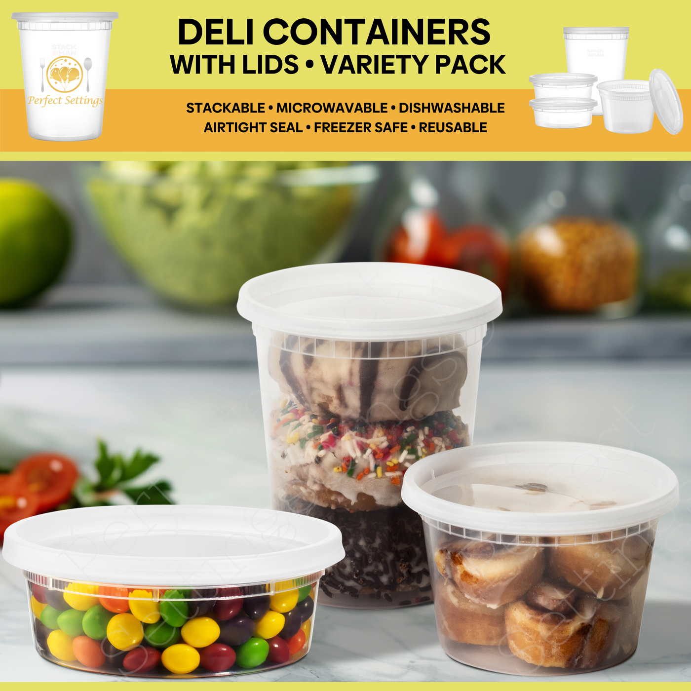 Perfect Settings Plastic Deli Containers with Lids [44 Sets] Variety Pk 8oz, 16oz & 32oz | Leakproof, Freezer Safe Soup & Food Storage | Microwavable Food Containers with Lids