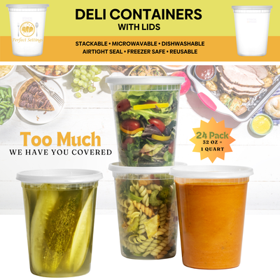 Perfect Settings Deli Containers with Lids 32 oz | Quart Containers [Set of 24] Freezer Safe Microwave Safe Food Storage, Plastic Soup Containers