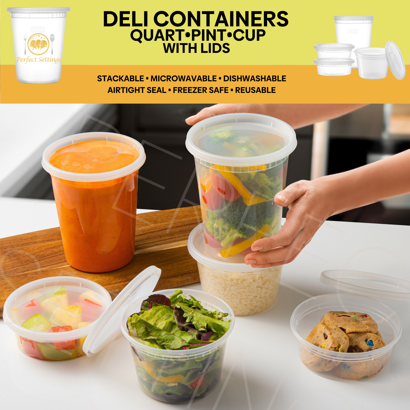 Perfect Settings Plastic Deli Containers with Lids [44 Sets] Variety Pk 8oz, 16oz & 32oz | Leakproof, Freezer Safe Soup & Food Storage | Microwavable Food Containers with Lids