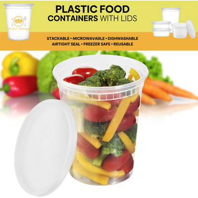 Perfect Settings Plastic Deli Containers with Lids [44 Sets] Variety Pk 8oz, 16oz & 32oz | Leakproof, Freezer Safe Soup & Food Storage | Microwavable Food Containers with Lids