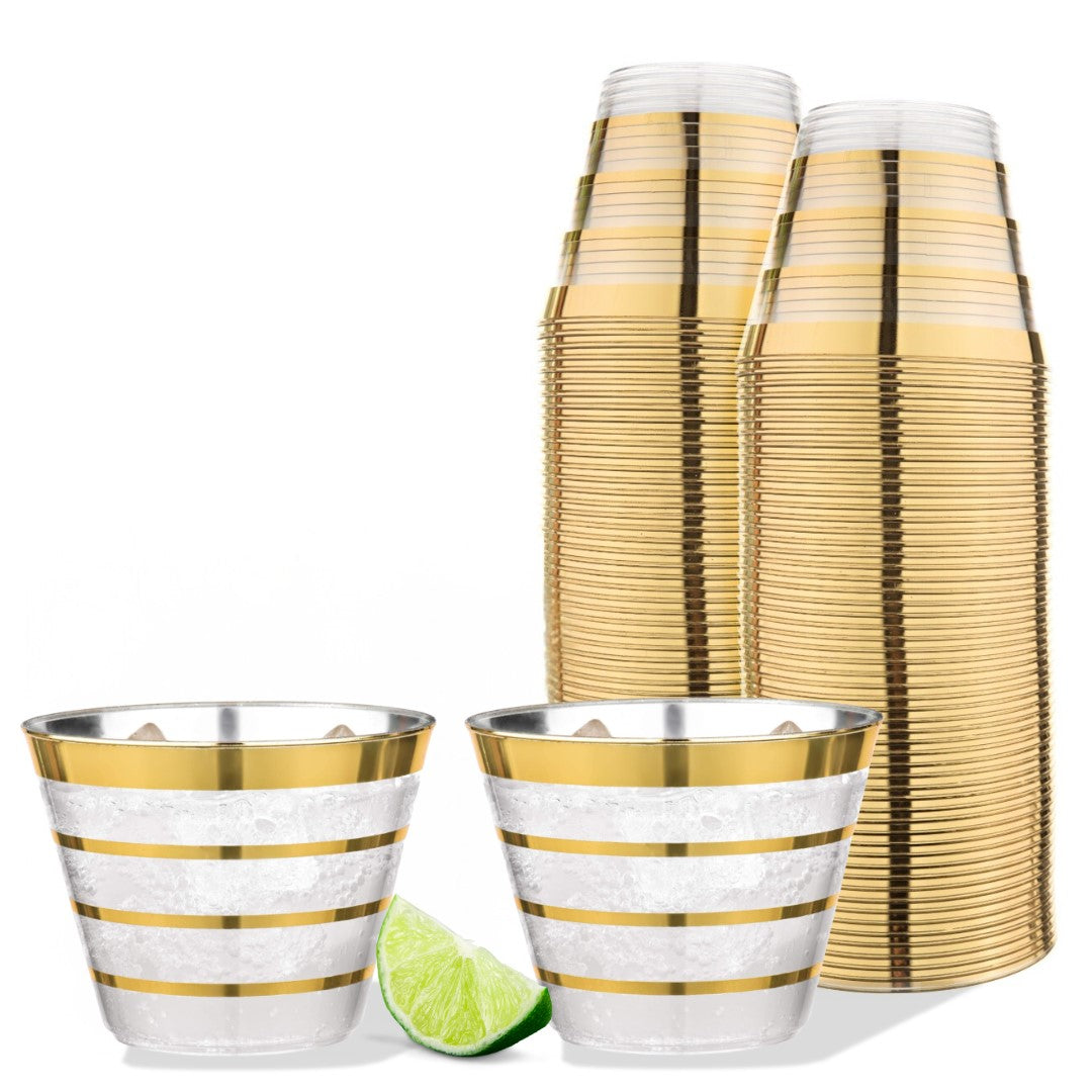 Perfect Settings 9 oz Gold Rimmed Clear Plastic Disposable Cups - Four Line - 110 Count