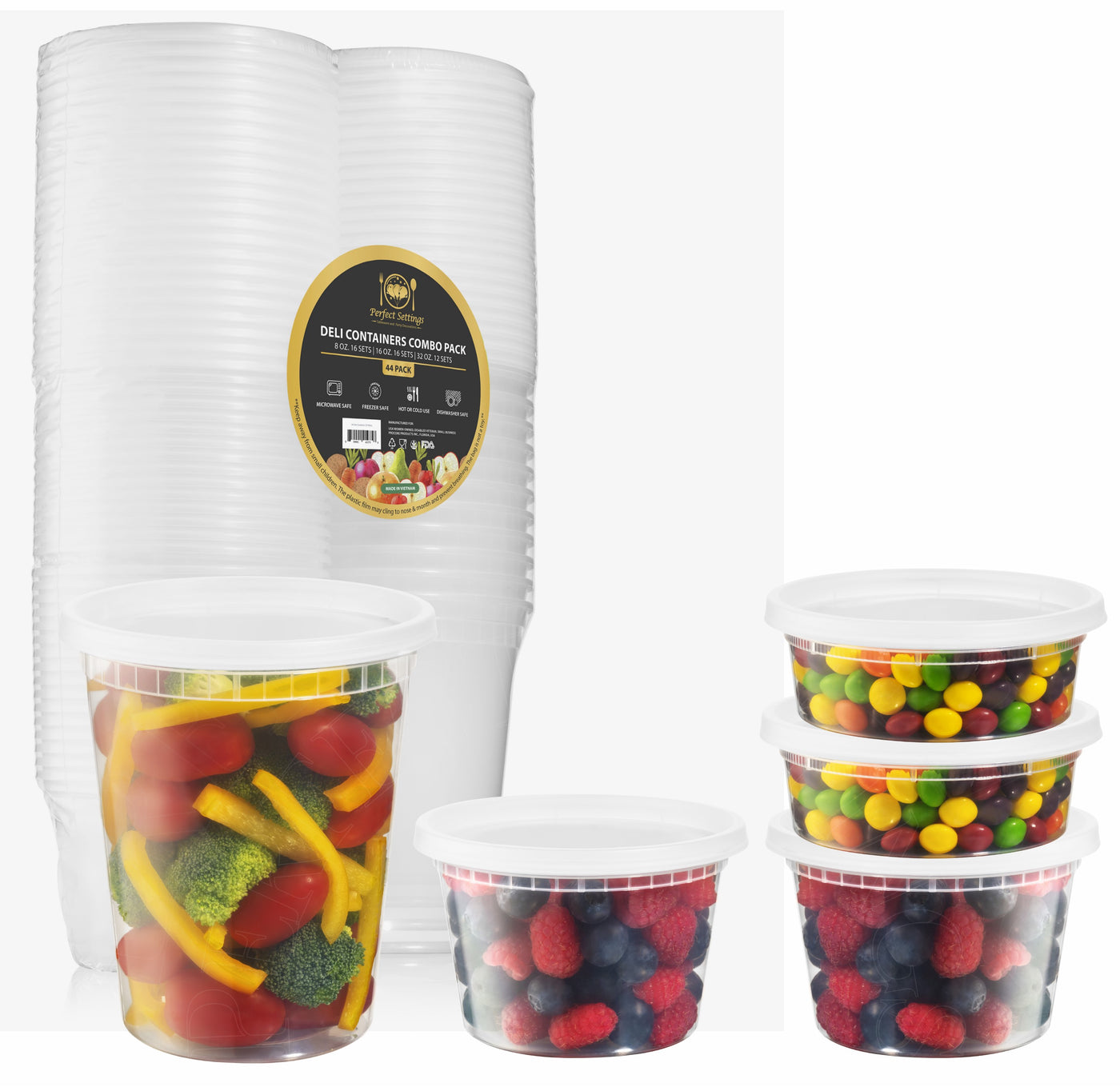 Perfect Settings Plastic Deli Containers with Lids [44 Sets] Variety Pk 8oz, 16oz & 32oz | Leakproof, Freezer Safe Soup & Food Storage | Microwavable Food Containers with Lids