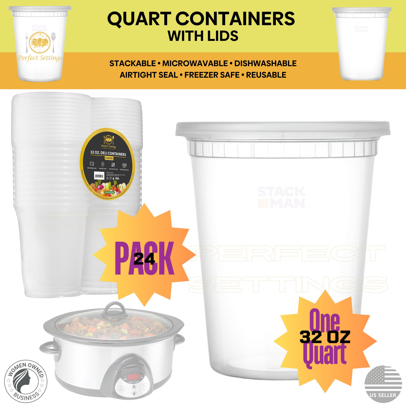 Perfect Settings Deli Containers with Lids 32 oz | Quart Containers [Set of 24] Freezer Safe Microwave Safe Food Storage, Plastic Soup Containers