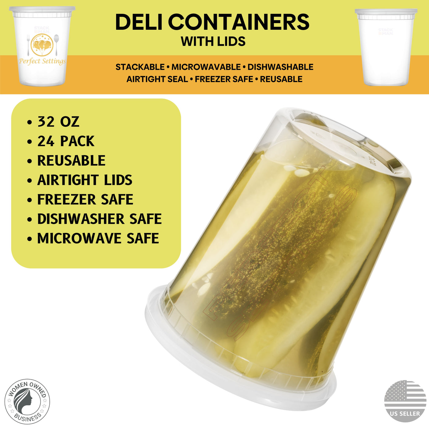 Perfect Settings Deli Containers with Lids 32 oz | Quart Containers [Set of 24] Freezer Safe Microwave Safe Food Storage, Plastic Soup Containers