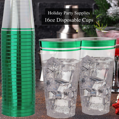 Perfect Settings 16 oz Clear Disposable Hard Plastic Cups Green Rim - 100 Count