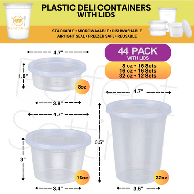 Perfect Settings Plastic Deli Containers with Lids [44 Sets] Variety Pk 8oz, 16oz & 32oz | Leakproof, Freezer Safe Soup & Food Storage | Microwavable Food Containers with Lids